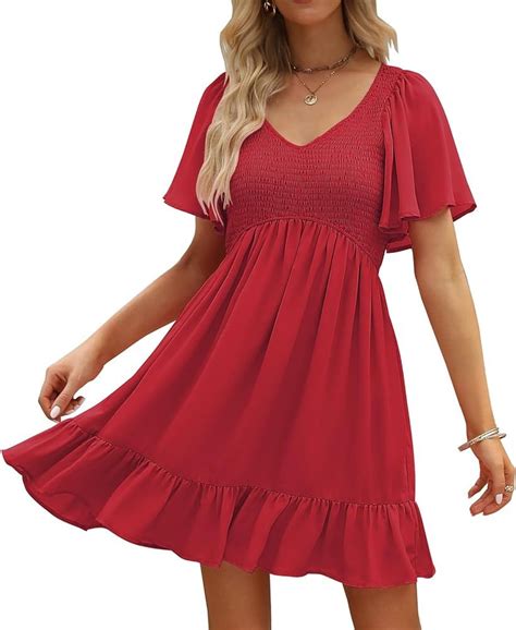 Lillusory Womens Flowy Casual Mini Dresses 2024 Summer Smocked V Neck