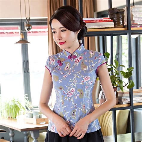 Mandarin Collar Chinese Women Vintage Blouse Print Floral Casual Shirt