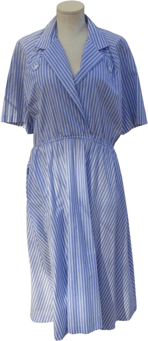 Vintage Blue And White Faux Wrap Striped Shirt Dress By Carriage Court