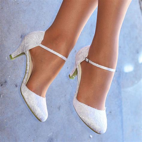 Ladies White Ivory Lace Embellished Satin Low Heel Ankle Strap Wedding