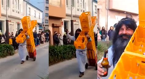 Um Homem Se Torna Viral Nas Redes Sociais Após Carregar Uma Cruz Feita Com Caixas De Cerveja