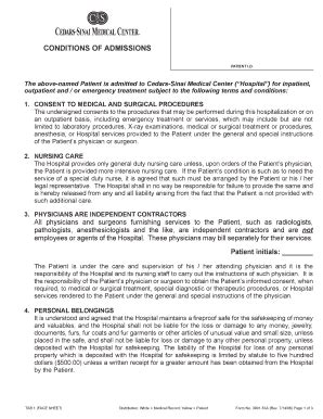 Fillable Online Cedars Sinaiprod Csmc Conditions Of Admissions Cedars