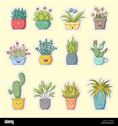 Plants Sticker Set Of Cute Cartoon Characters Vector Collection For