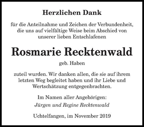 Traueranzeigen Von Rosmarie Recktenwald Saarbruecker Zeitung Trauer De