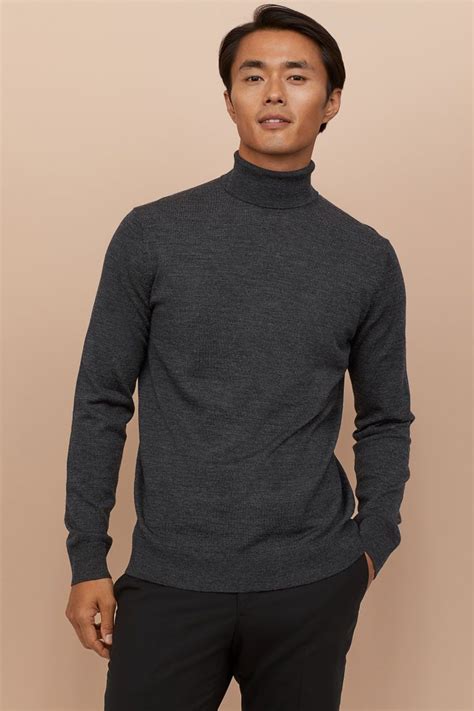 Merino Wool Turtleneck Sweater Dark Gray Melange Men H M Us