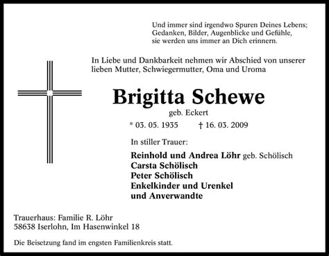 Traueranzeigen Von Brigitta Schewe Trauer In Nrw De