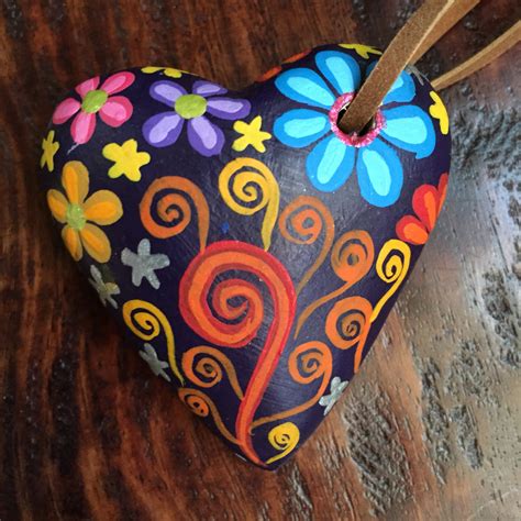 Hand Carved Hand Painted Wood Heart Keychain