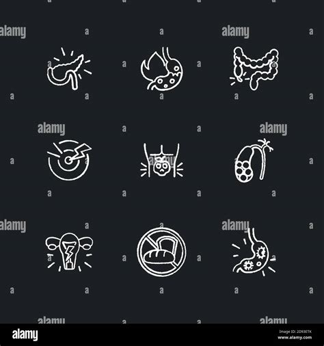 Pain In Belly Chalk White Icons Set On Black Background Stock Vector