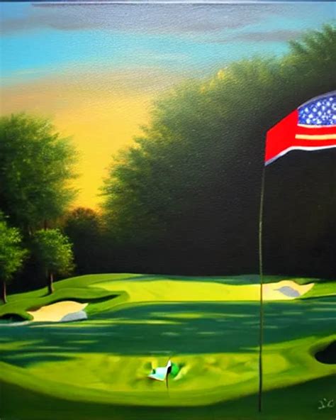 Oil Painting Of Golf Course Flag Oil Painting Stable Diffusion