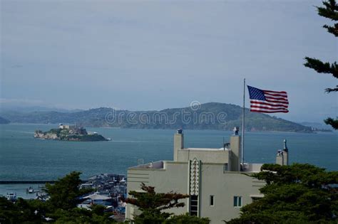 American Flag And Alcatraz In San Francisco Stock Photo Image Of