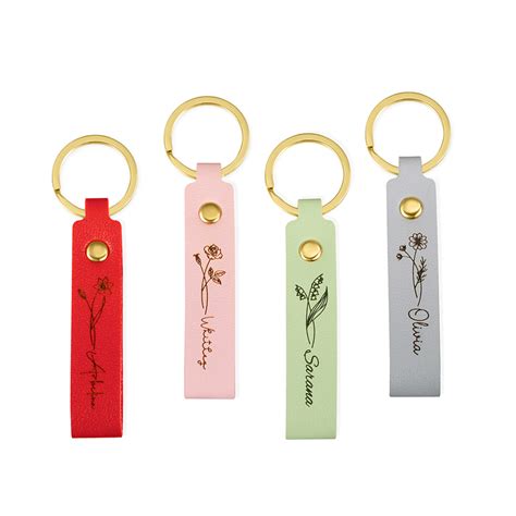 Personalized Name Keychain With Birth Flower Faux Leather Keychain