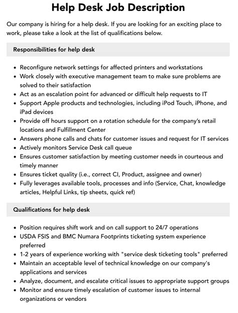 Help Desk Job Description Velvet Jobs