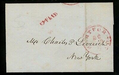 Us Postal History Stampless Folded Letter Paid Hartford Ct New