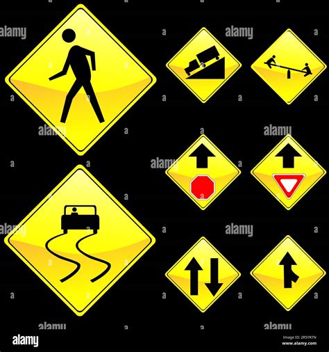 Vector Illustration Of Eight Diamond Shape Yellow Road Signs Set