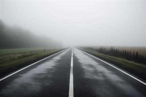 Carretera con asfalto mojado en una mañana nublada rodeada de un