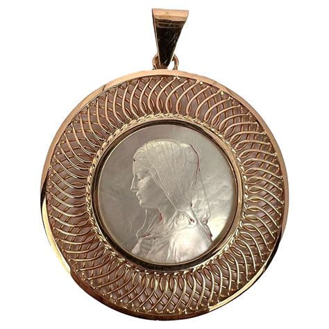 French 18k Rose Gold Mother Of Pearl Virgin Mary Medal Pendant Ph