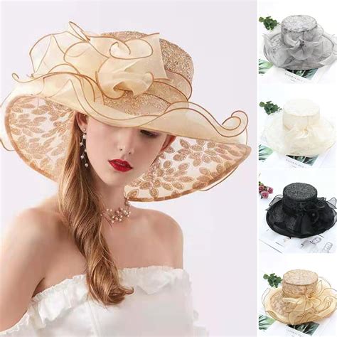 Ruhuadgb Women Church Cap Wide Brim Cloth Flower Foldable Hot Stamping