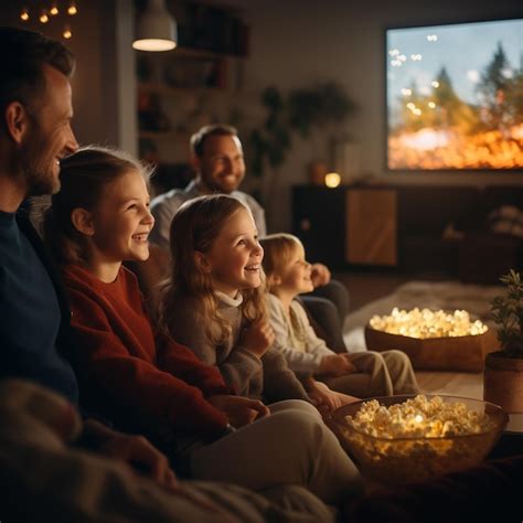 Familia sentada en el sofá en la sala de estar viendo películas TV y