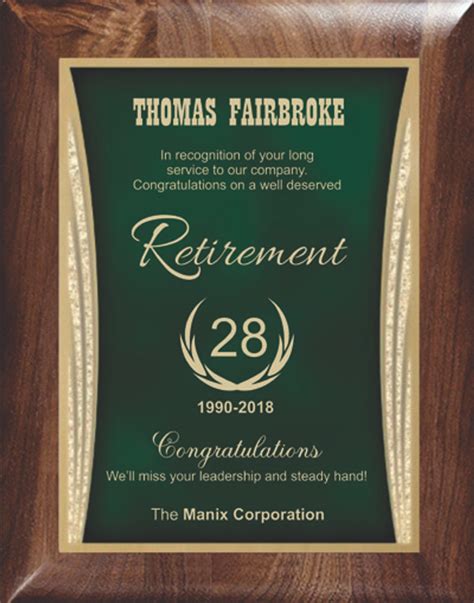 Genuine Walnut Retirement Plaque Green Classic Achievements Inc