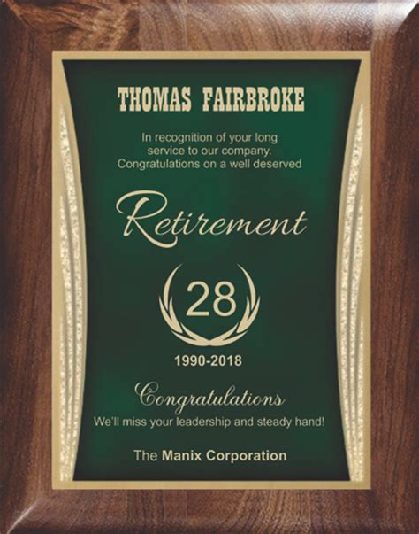 Genuine Walnut Retirement Plaque - Green - Classic Achievements, Inc