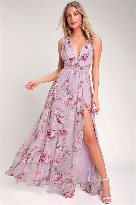 Garden Meandering Lavender Floral Print Maxi Dress Maxi Dress Floral