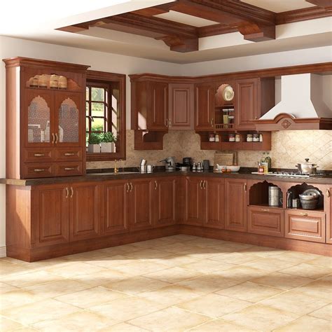 India Style L Shape Brown Pvc Wood Modular Kitchen Cabinet Op Pp