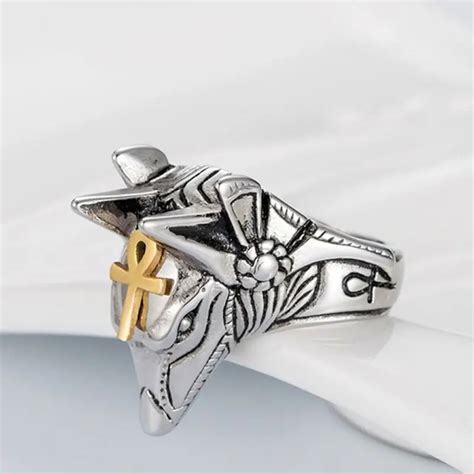 Hombres De Acero Inoxidable Dios Egipcio Anubis Oro Ankh Anillo Cruzado