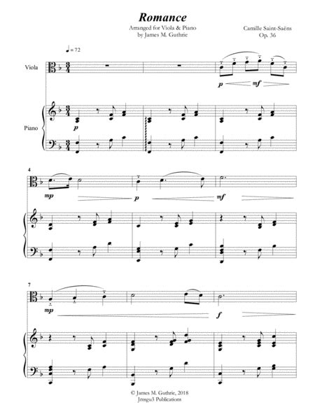 Saint Saens Romance For Viola And Piano Arr James M Guthrie Ascap