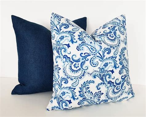 Blue White Throw Pillow Covers Jacobean Floral Pillows Etsy Green Throw Pillows Blue Green