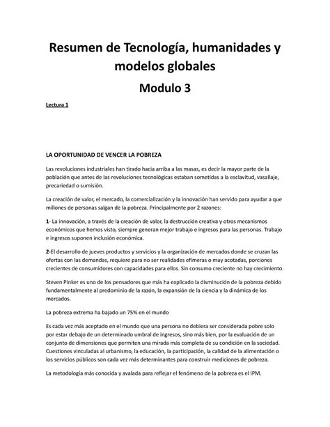 Resumen De Tecnolog A Humanidades Y Modelos Globales Parcial