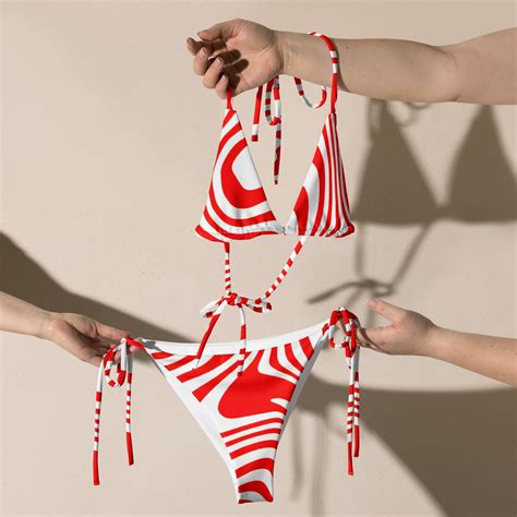 Groovy Triangle Bikini Set Red And White String Closure Two Etsy