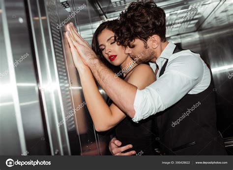 Selective Focus Handsome Man Embracing Beautiful Woman Red Lips