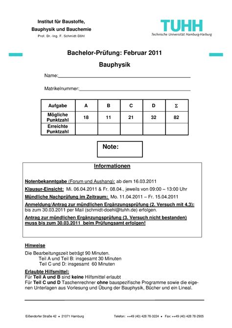 Bauphysik 2010 11 WS Altklausuren Bachelor Prüfung Februar 2011