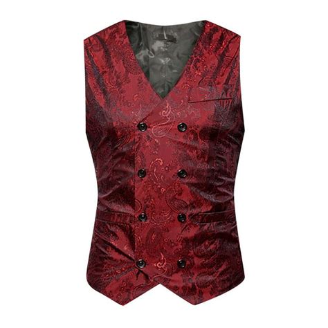 Mens Formal Waistcoat Paisley Floral Jacquard Double Breasted Suit