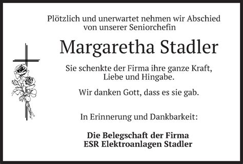 Traueranzeigen Von Margaretha Stadler Trauer Merkur De