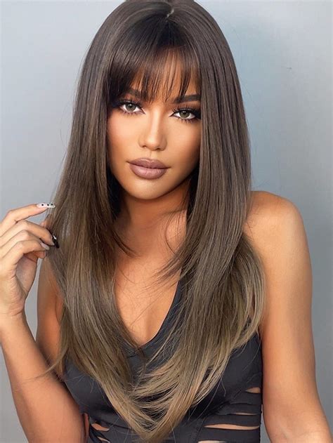 Ombre Long Straight Synthetic Wig With Bangs Straight Hairstyles Long Hair With Bangs Hair