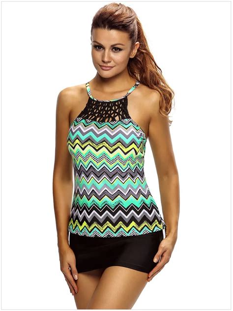 High Neck Swim Top Multicolor Zigzag Print Tank Top Macrame Tankini Top Sexy Bikini Beachwear