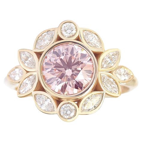 Pink Round Diamond Bezel Set Flower Unique Vintage Engagement Ring