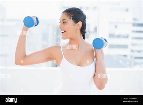 Gleeful Toned Brunette Holding Dumbbells Stock Photo Alamy