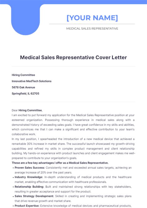 Free Medical Sales Representative Cover Letter Template Edit Online