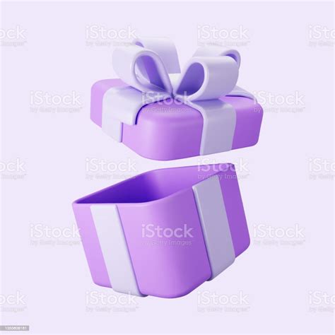 3d Purple Open T Box With Pastel Ribbon Bow Isolated On A Light