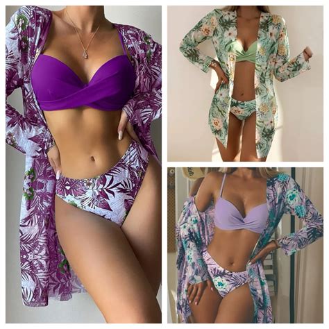 Floral Print Bikini Set Women Low Waist Twist Swimsuit Long Sleeve