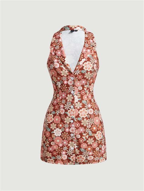 Shein Mod Allover Floral Print Button Front Dress Shein Usa