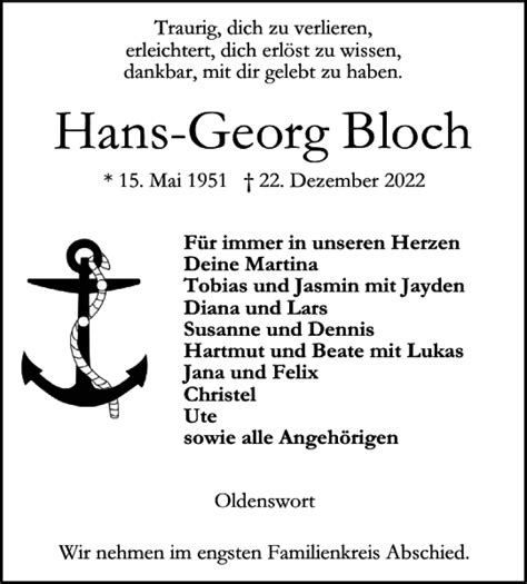 Traueranzeigen Von Hans Georg Bloch Sh Z Trauer