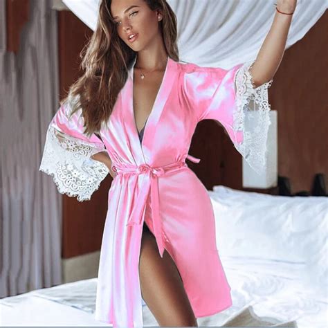 Womens Silk Satin Bath Sexy Lace Robe Elegant Dress Wedding Bridesmaid