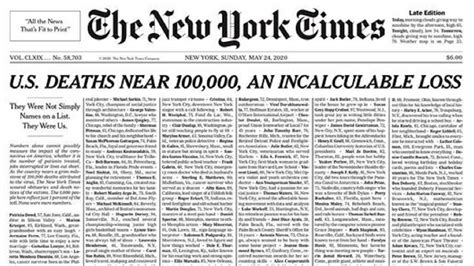 New York Times La Prima Pagina Con I Nomi Di 1000 Morti Per