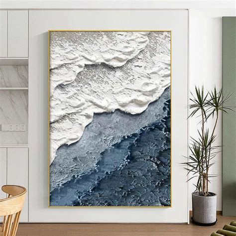 Large 3D Textured Coastal Wall Art Wave Painting Framed Blue Beach Wall