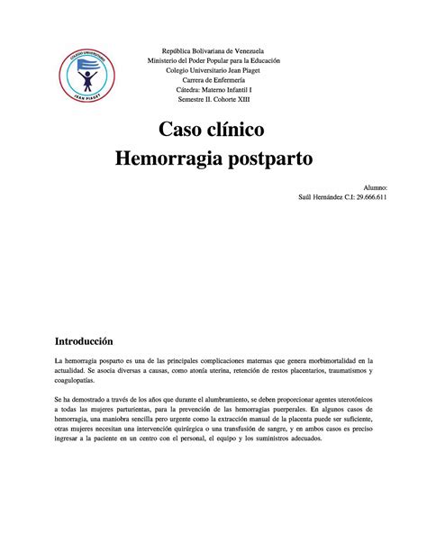 Caso Cl Nico Hemorragia Postparto Rep Blica Bolivariana De Venezuela