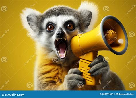 A Creative Concept A Hilarious Lemur Wields A Yellow Attention Grabbing Loudspeaker Stock