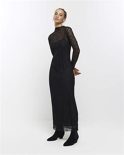 Black Lace Slip Midi Dress River Island